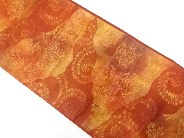 JAPANESE KIMONO / FUKURO OBI / SILK / WOVEN MICHINAGADORI & FLORAL ARABESQUE